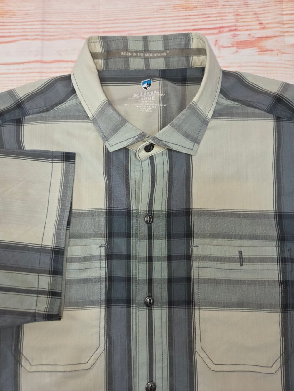 Kühl Mens Gray Plaid Short Sleeve Shirt Aqua Micro Golfer Print  Large Tapered F